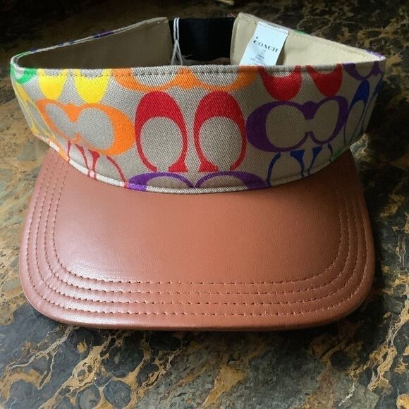NWT COACH RAINBOW SIGNATURE COTTON/LEATHER VISOR NEW WITH TAG - Picture 4 of 9